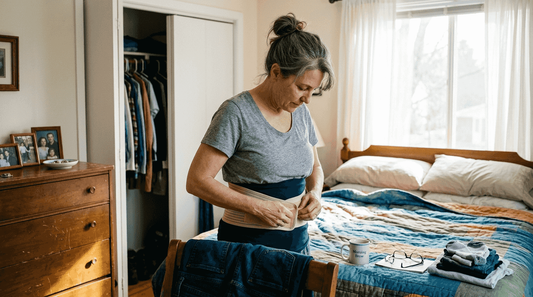 Woman adjusting clothes over hernia belt in bedroom