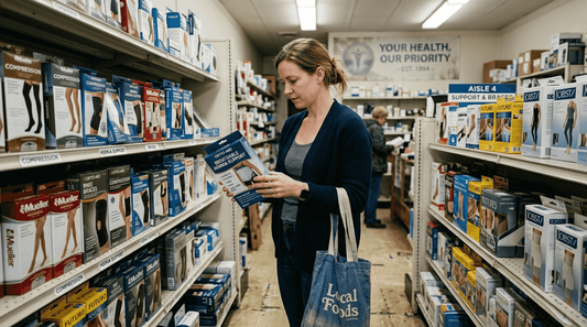 Woman inspects hernia support package in store